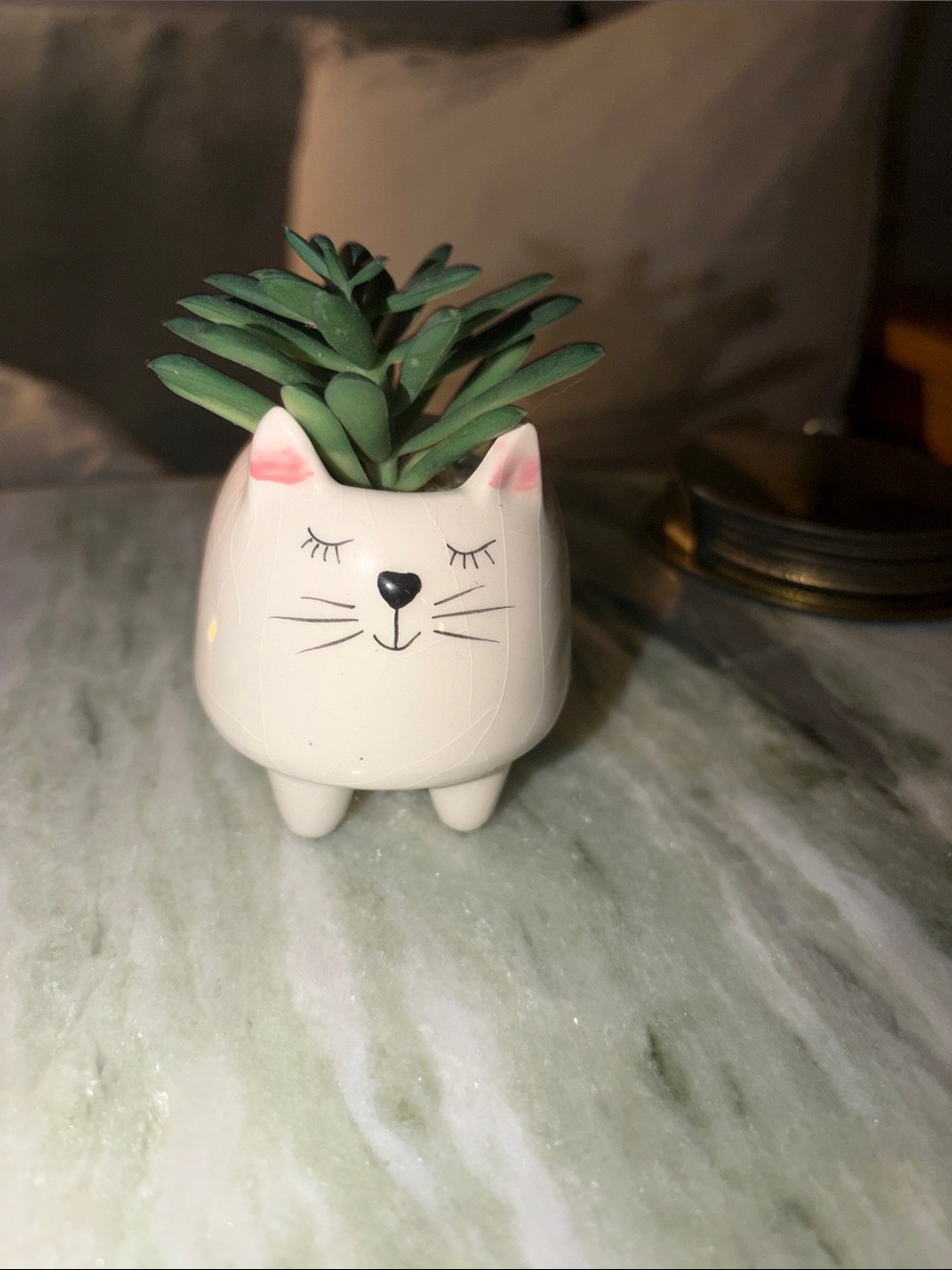 White Ceramic Cat Planter with Faux Succulent | Cat Lover Decor